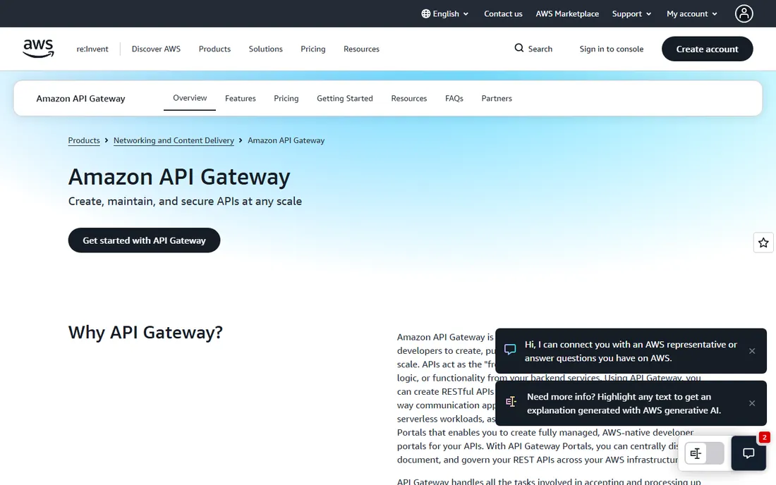 AWS API Gateway homepage