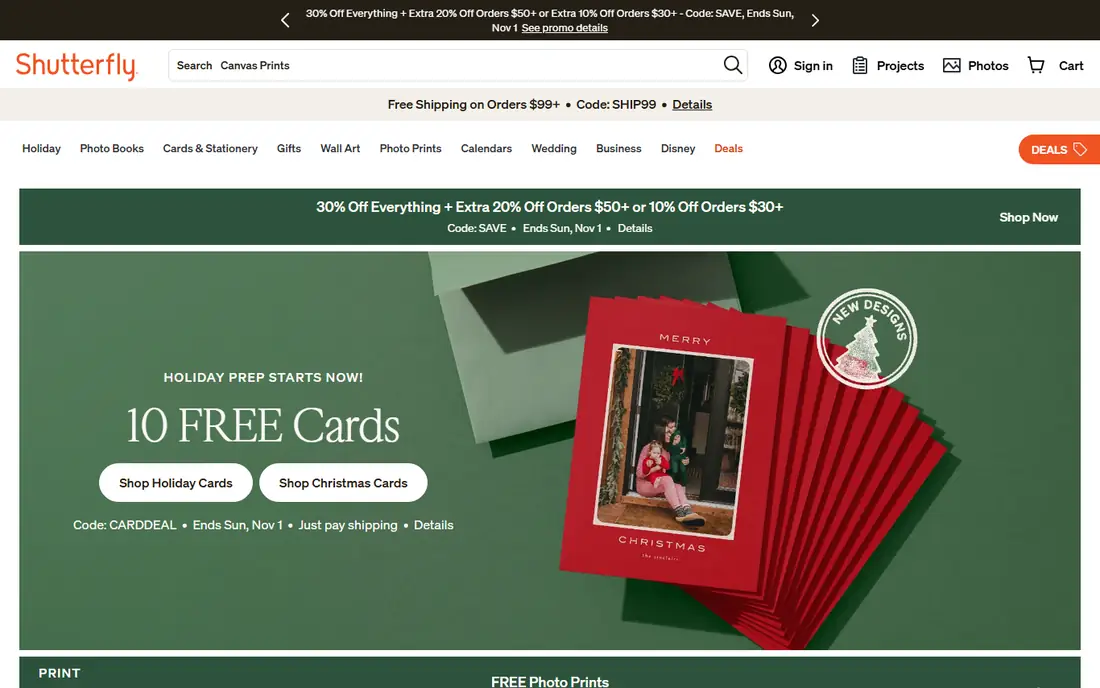 Shutterfly homepage