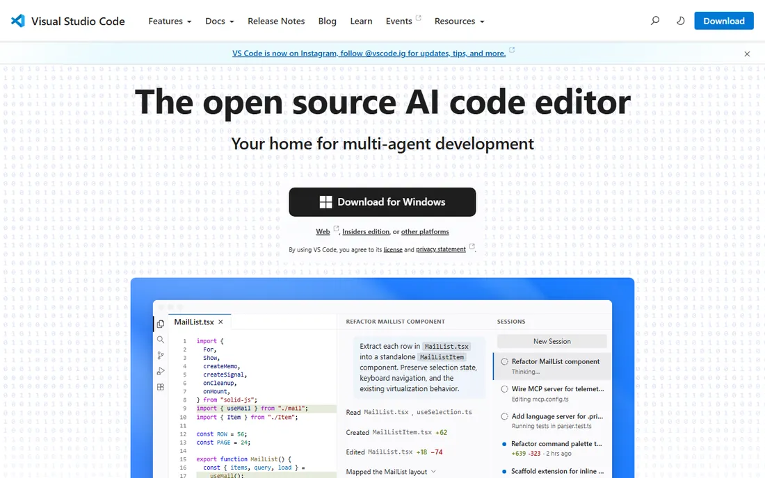 Visual Studio Code homepage