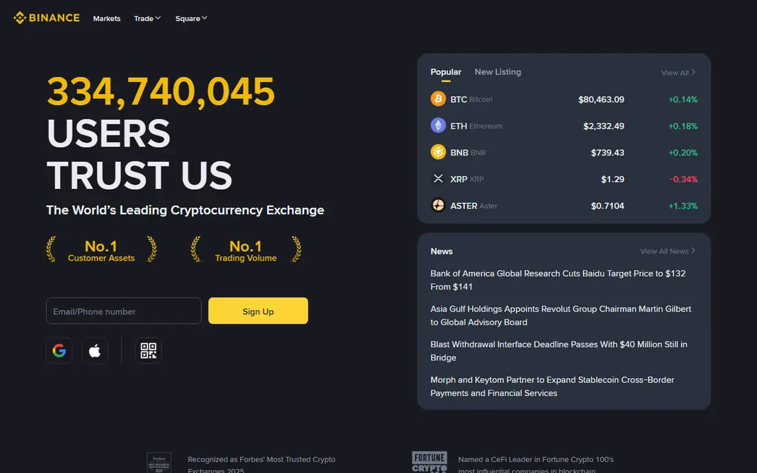 Binance.US homepage