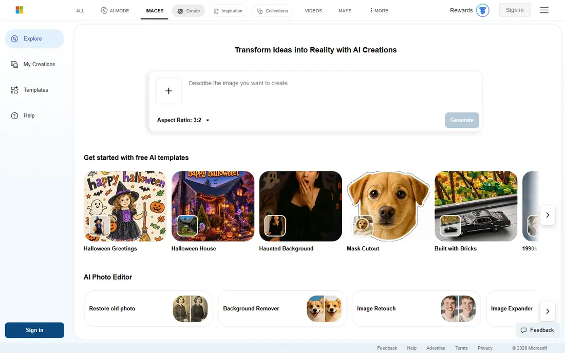 Bing Image Creator homepage