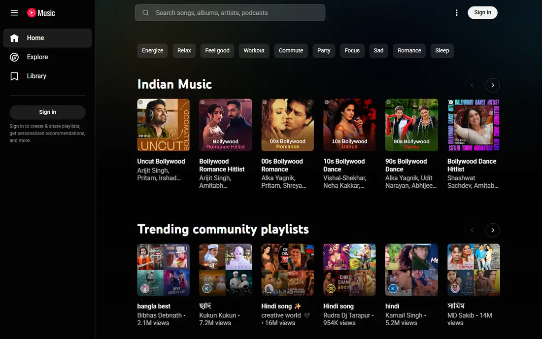 YouTube Music homepage