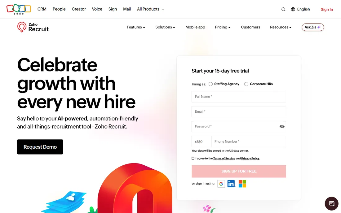 Zoho Recruit homepage