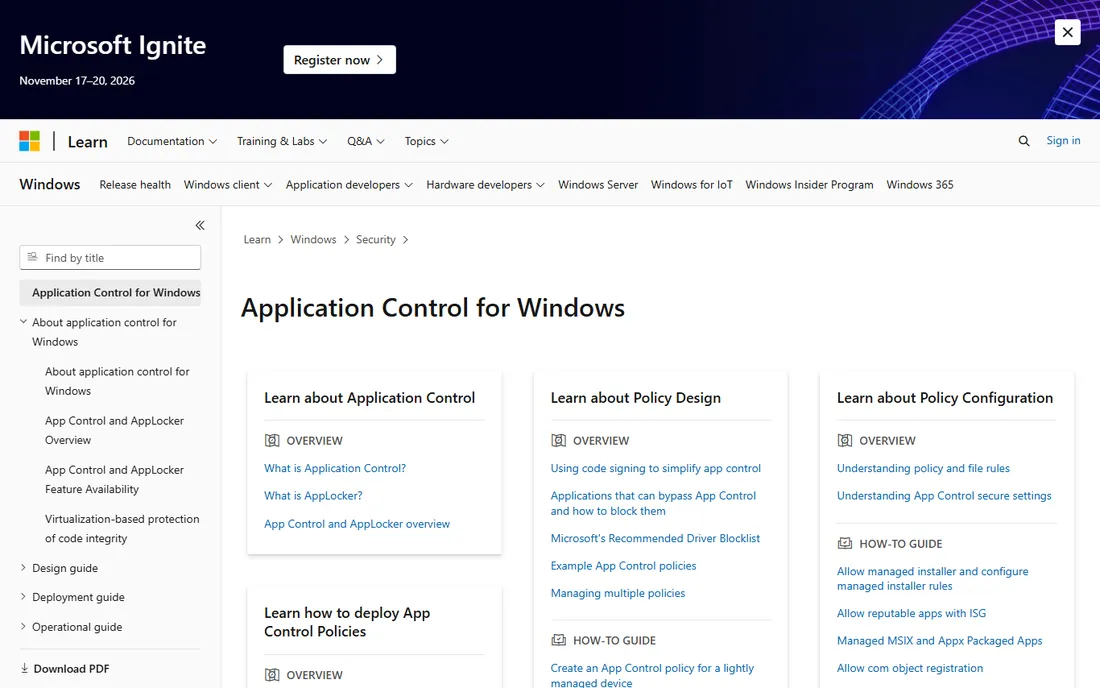 Microsoft App Control for Business homepage