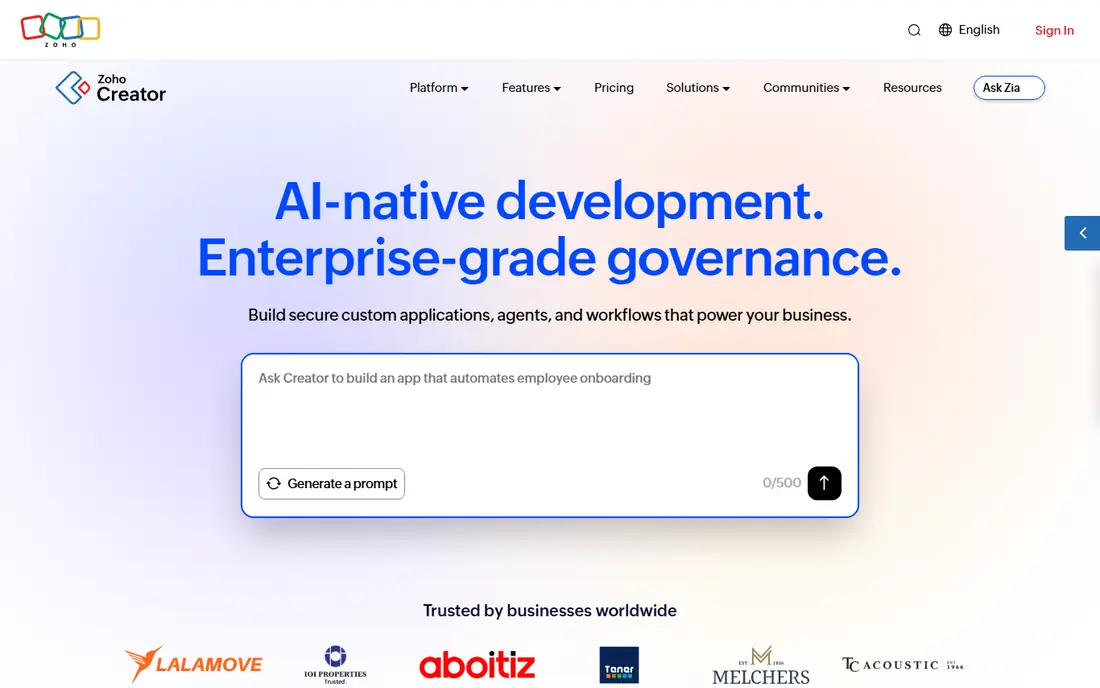 Zoho Creator homepage