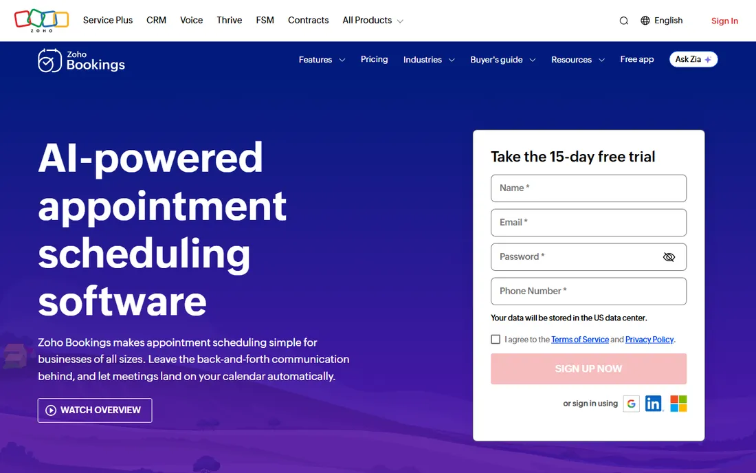 Zoho Bookings homepage