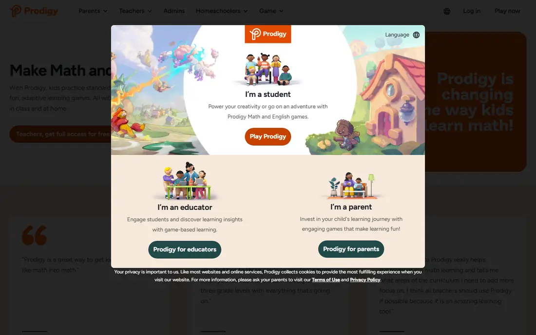 Prodigy Math homepage