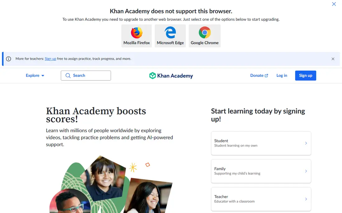 Khan Academy homepage