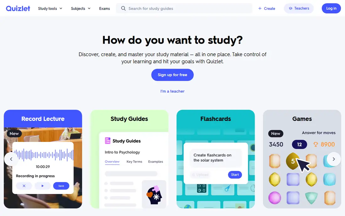 Quizlet homepage