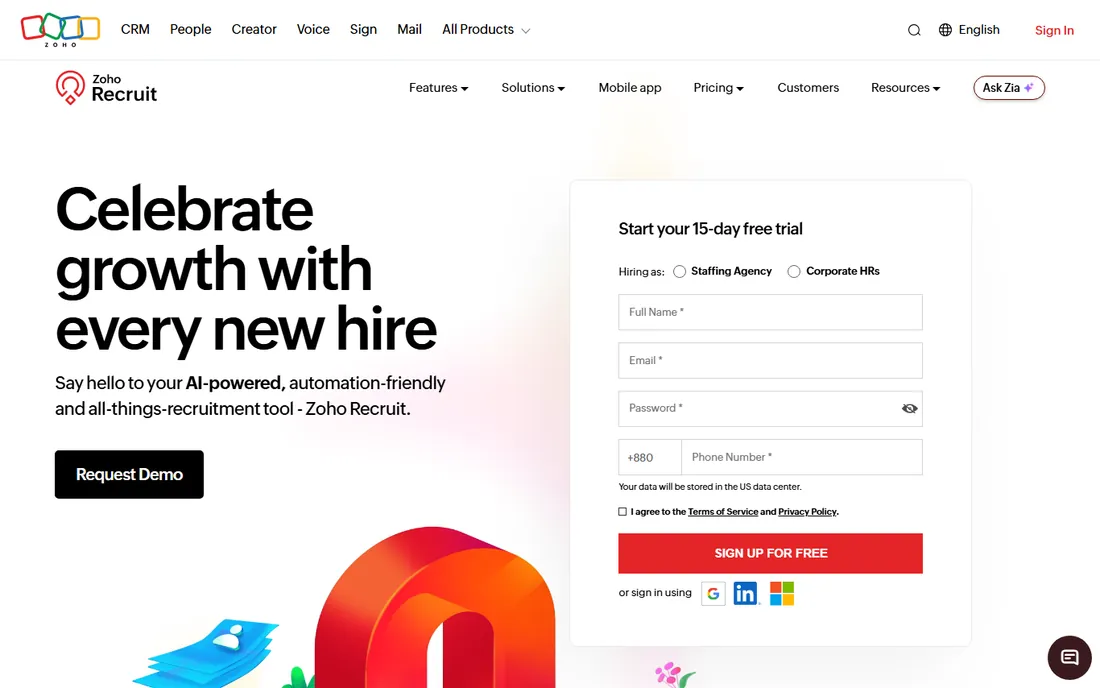 Zoho Recruit homepage
