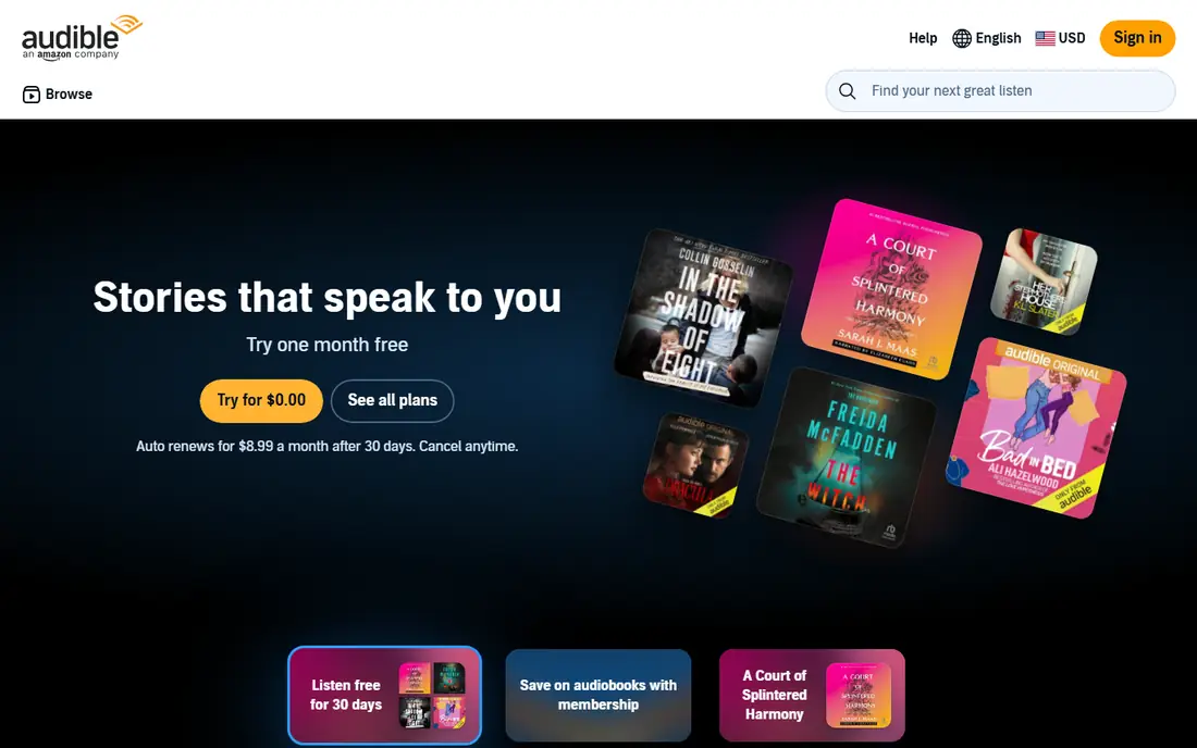 Audible homepage