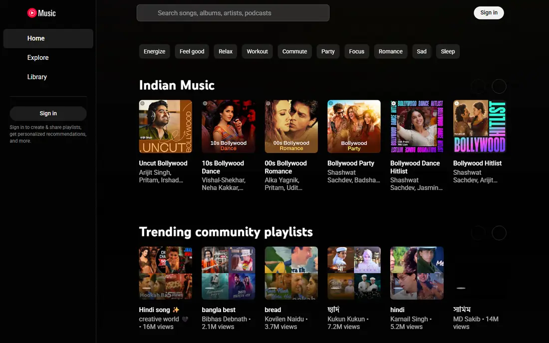 YouTube Music homepage