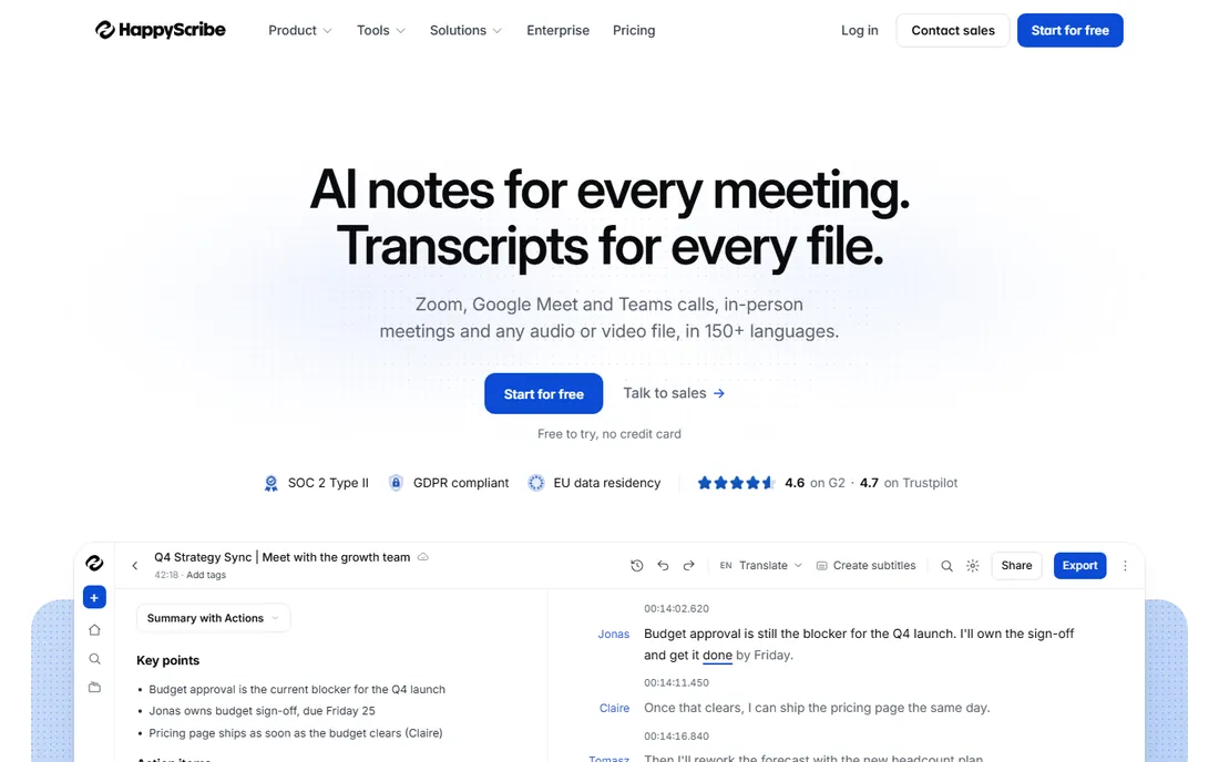 Happy Scribe homepage