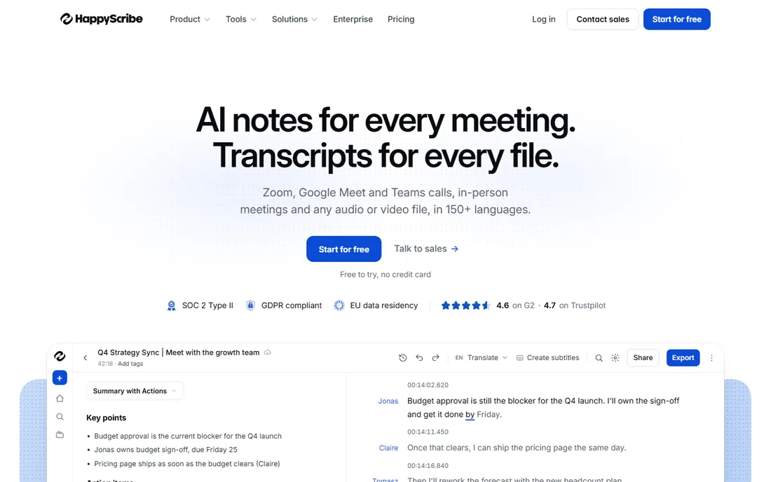 Happy Scribe homepage
