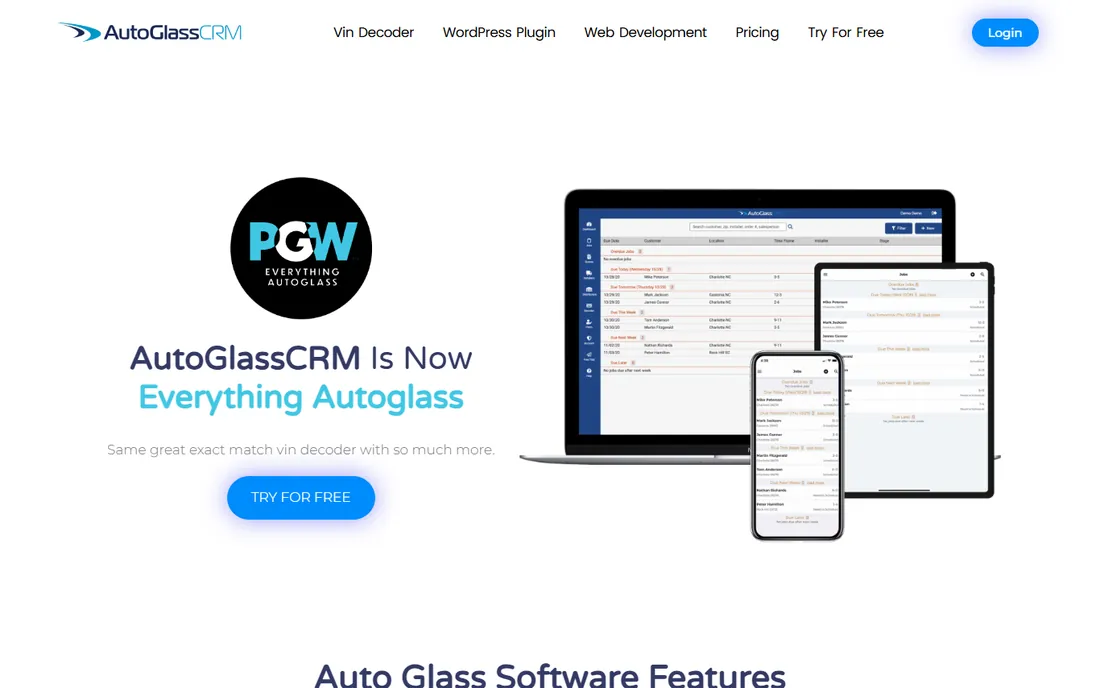 AutoGlassCRM homepage
