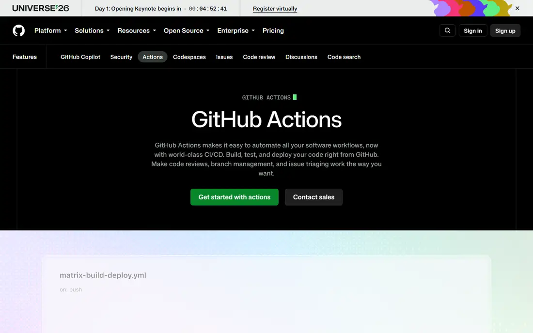 GitHub Actions homepage