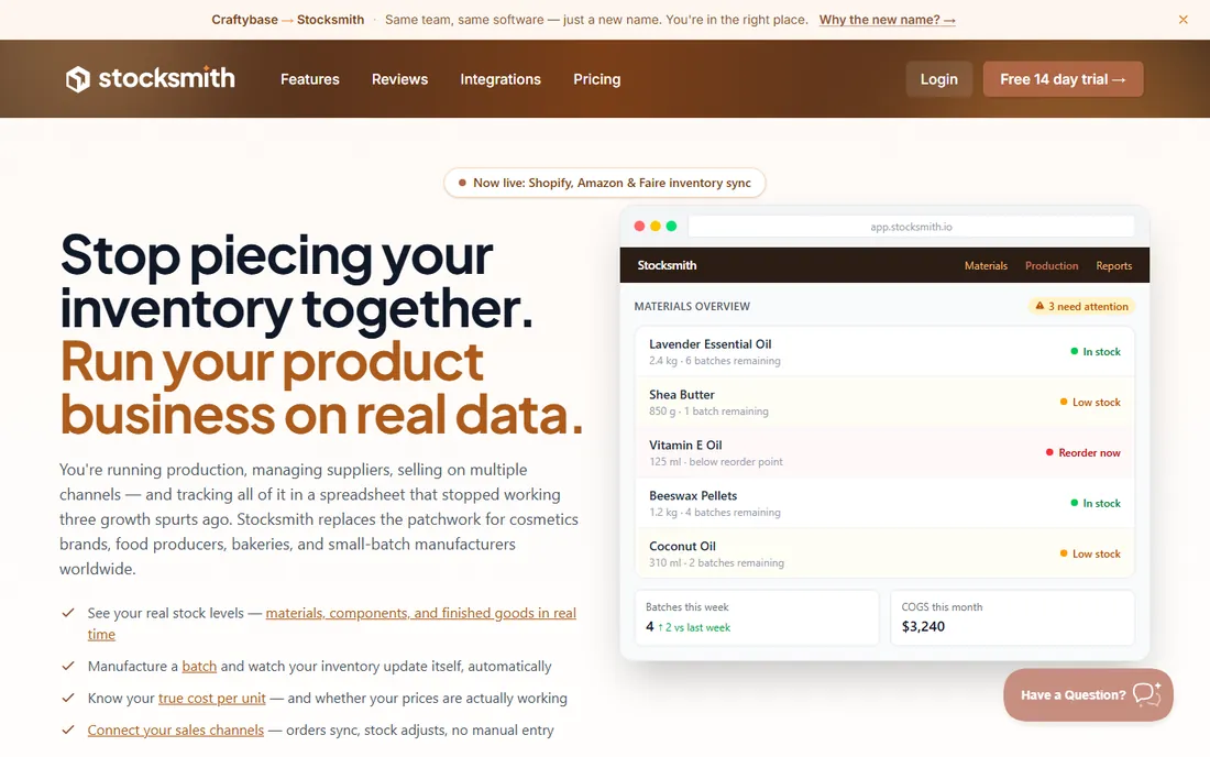 Craftybase (now Stocksmith) homepage