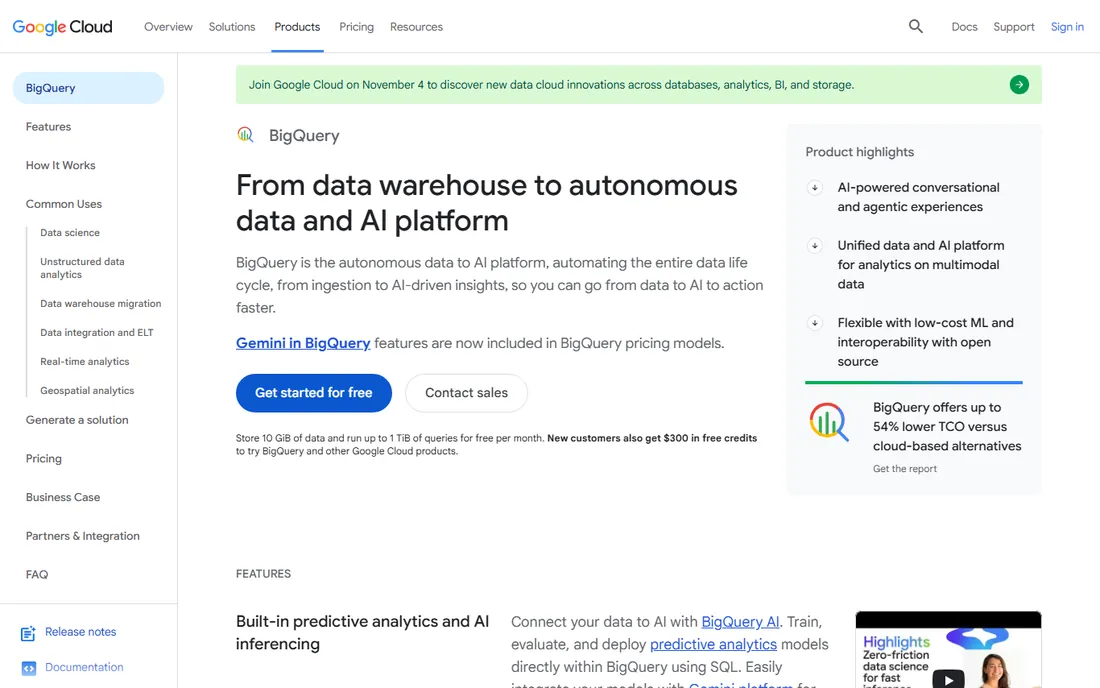 Google BigQuery homepage