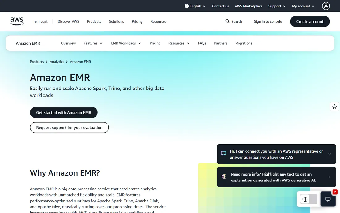 Amazon EMR homepage