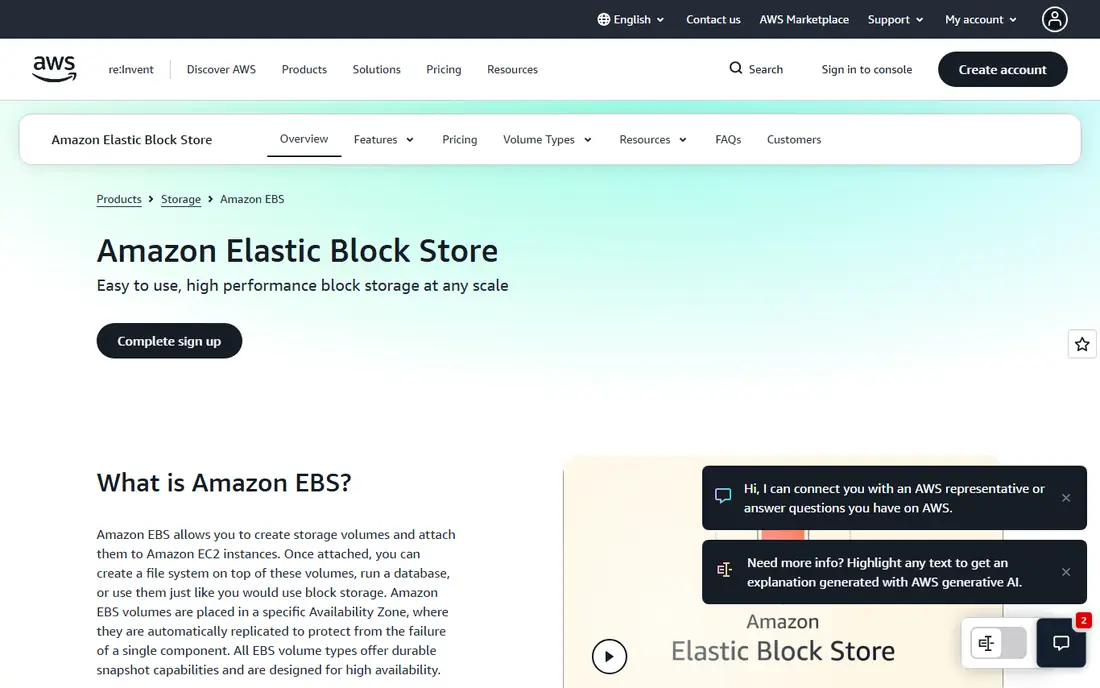 Amazon EBS homepage