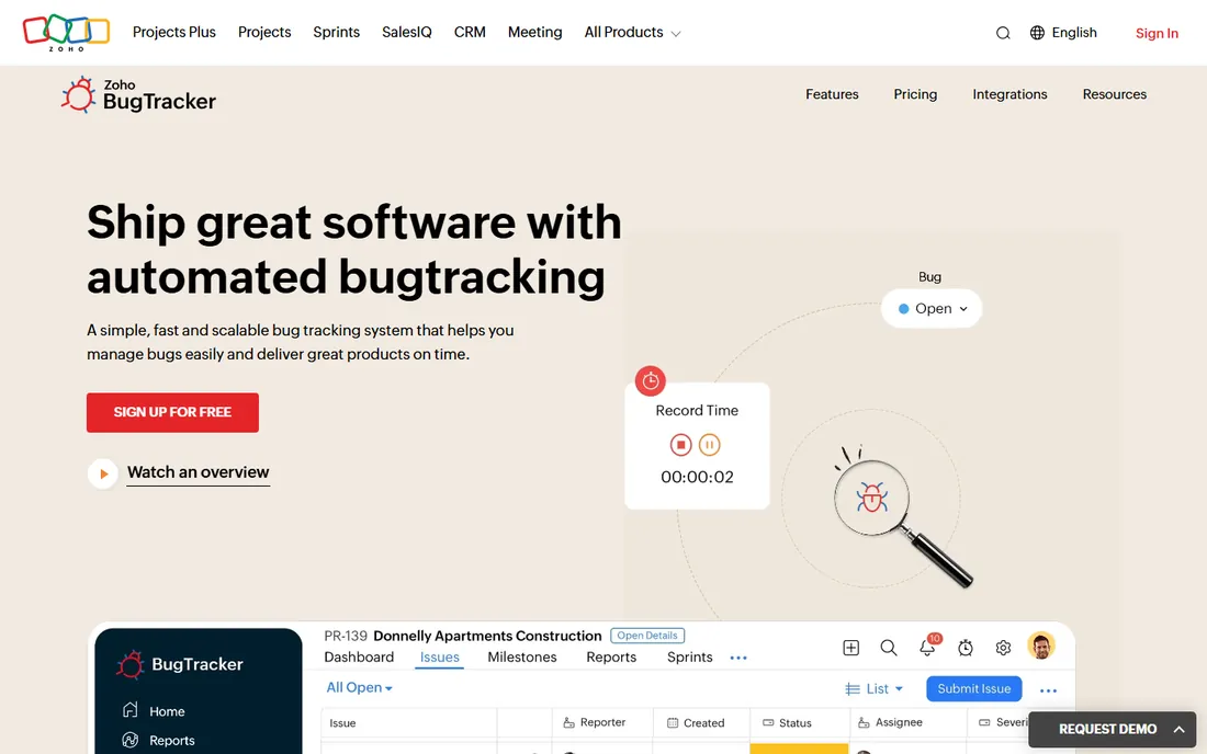 Zoho BugTracker homepage