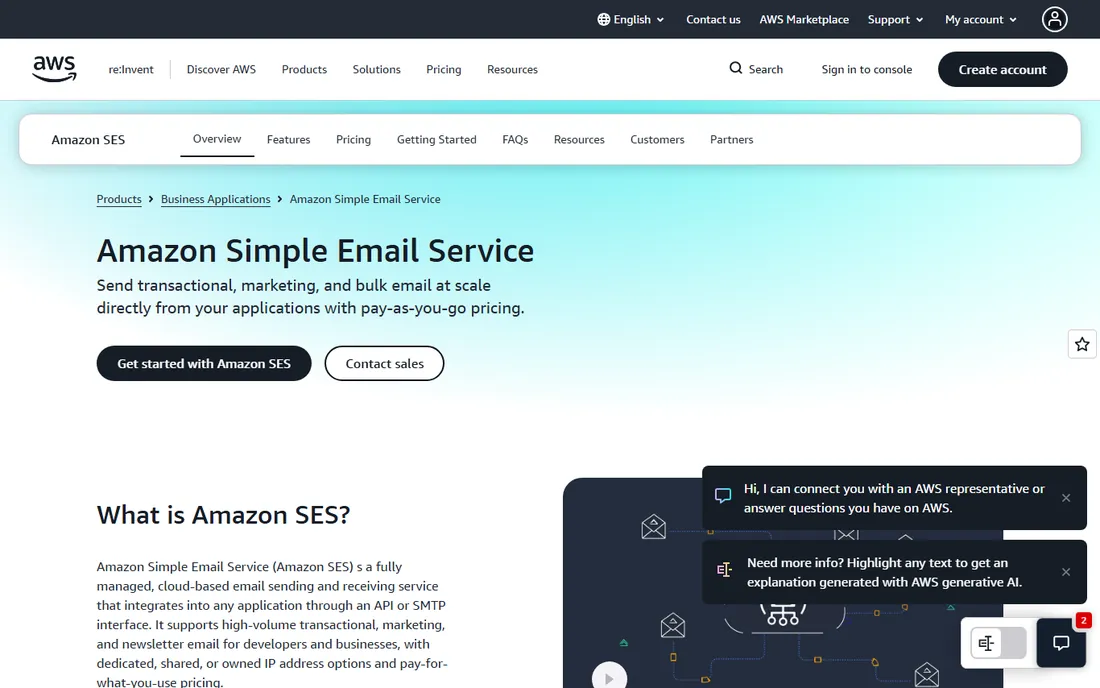 Amazon SES homepage