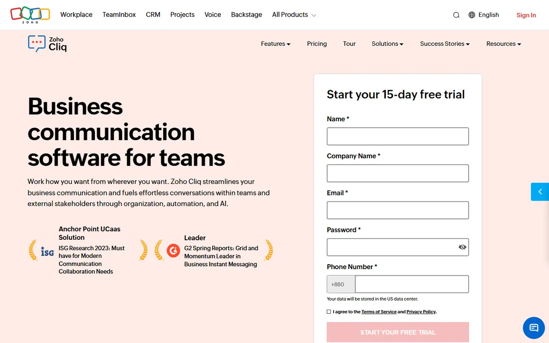 Zoho Cliq homepage