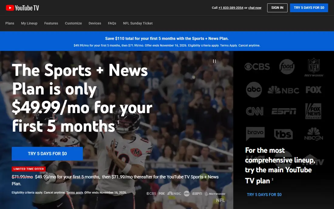 YouTube TV homepage