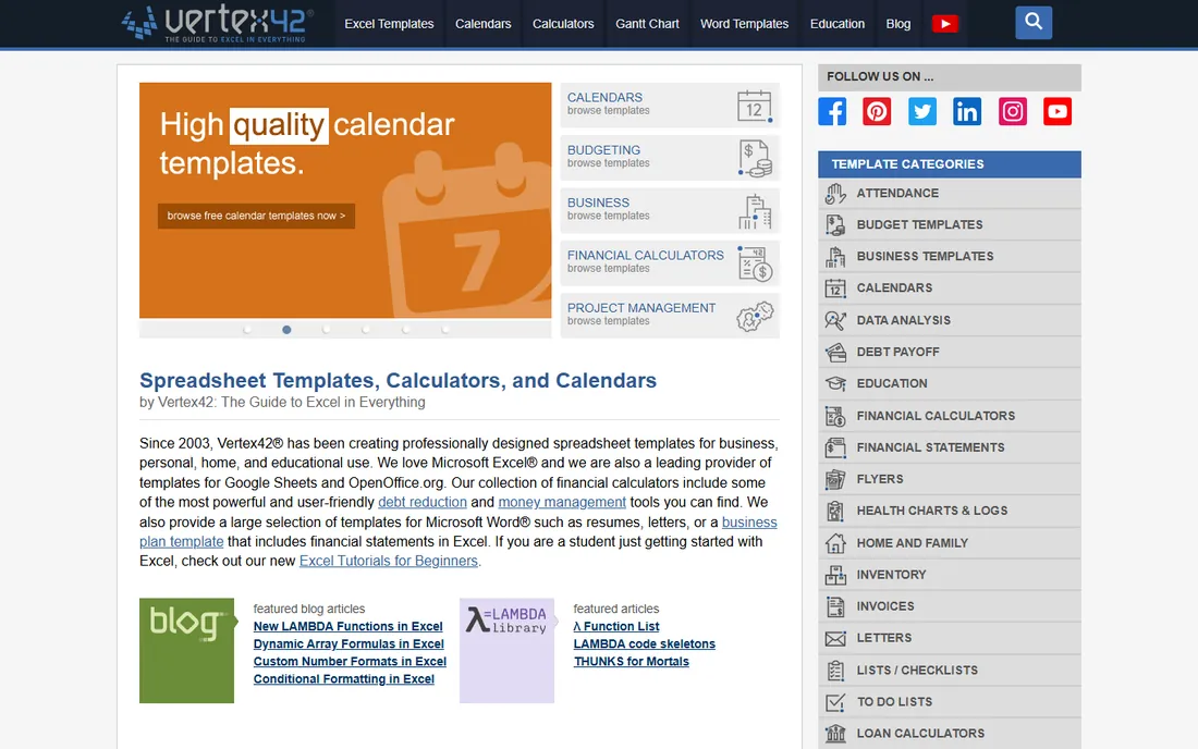 Vertex42 homepage