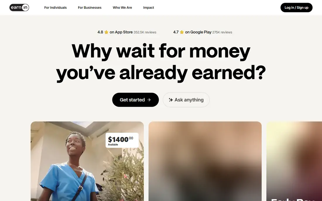EarnIn homepage