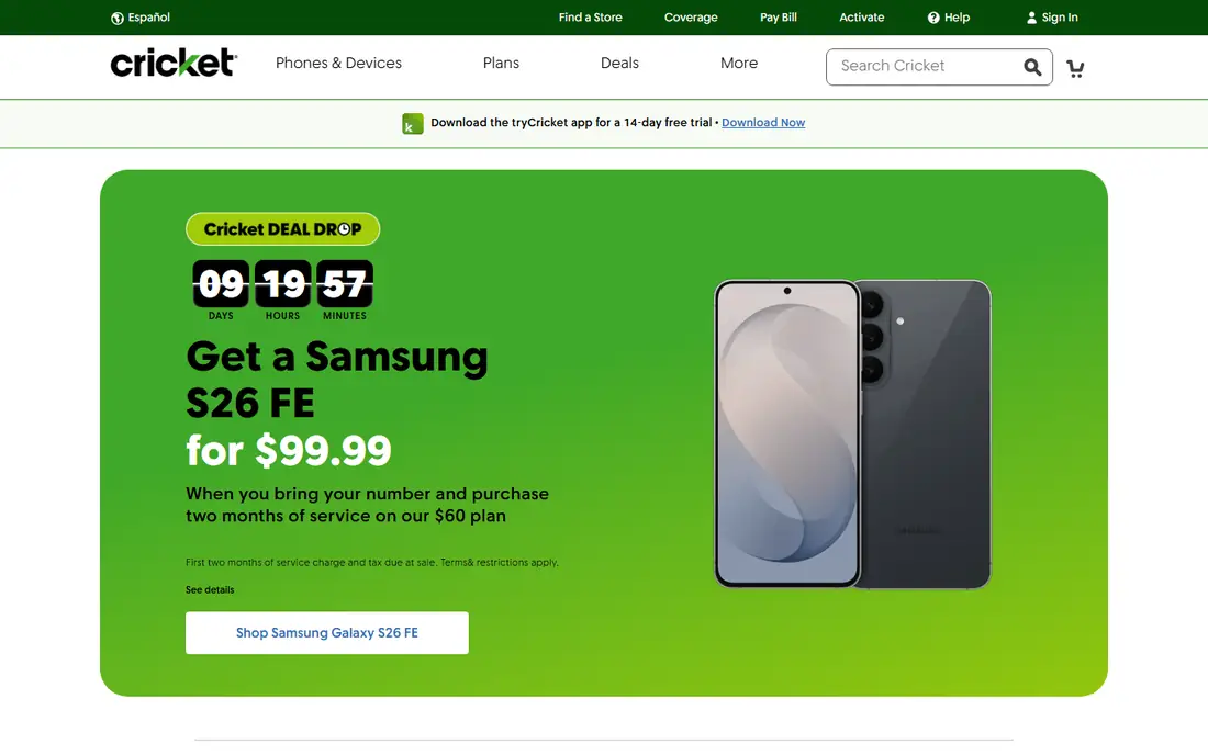 Cricket Wireless homepage