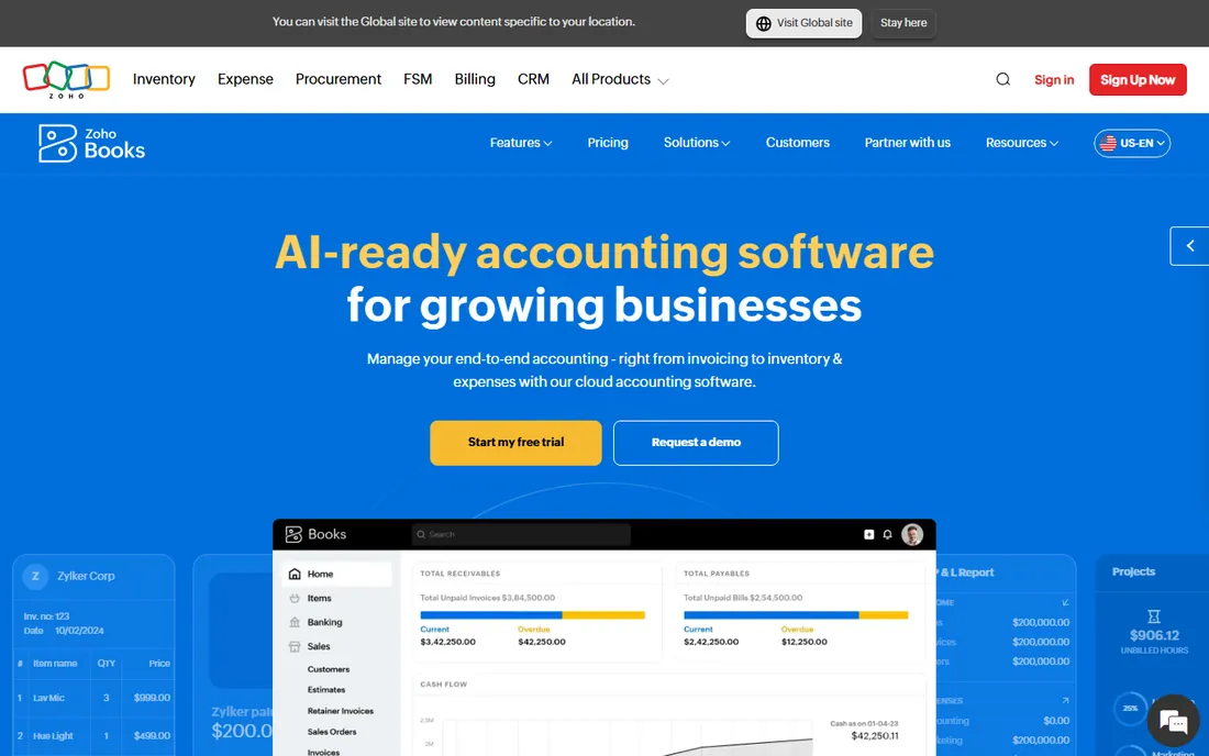 Zoho Books homepage