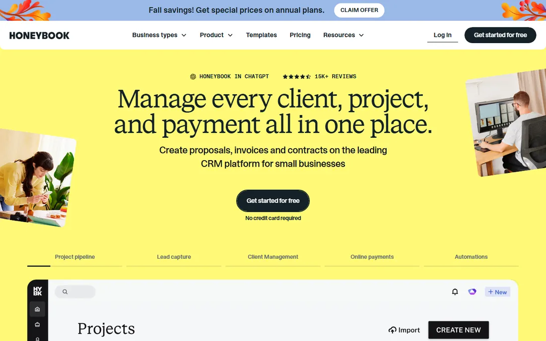 HoneyBook homepage