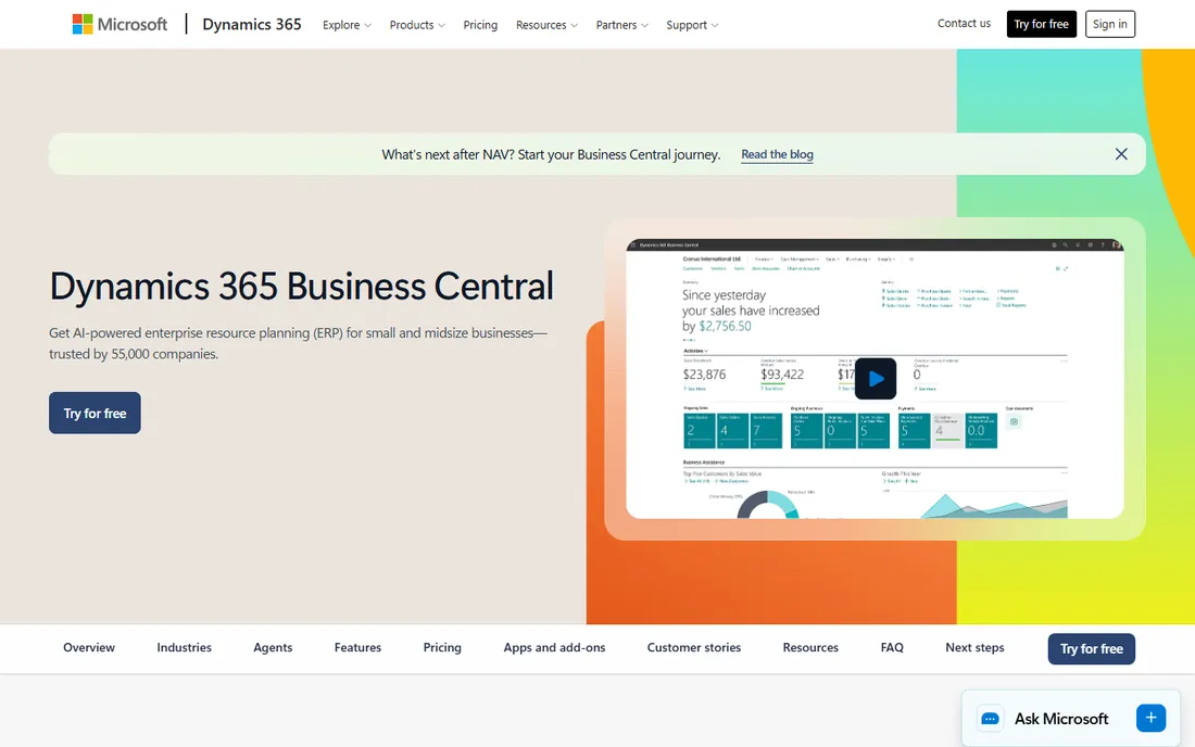Dynamics 365 Business Central homepage
