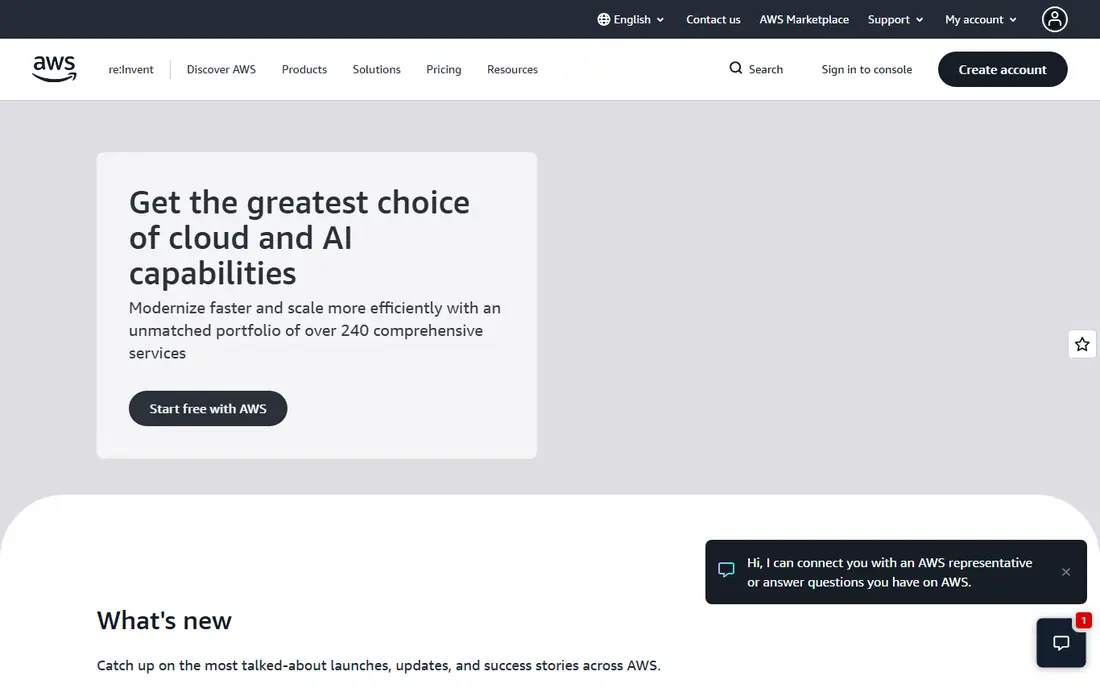 Amazon Web Services homepage