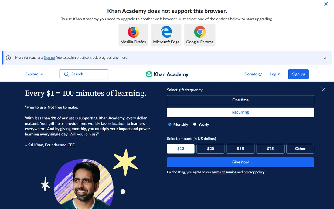 Khan Academy homepage