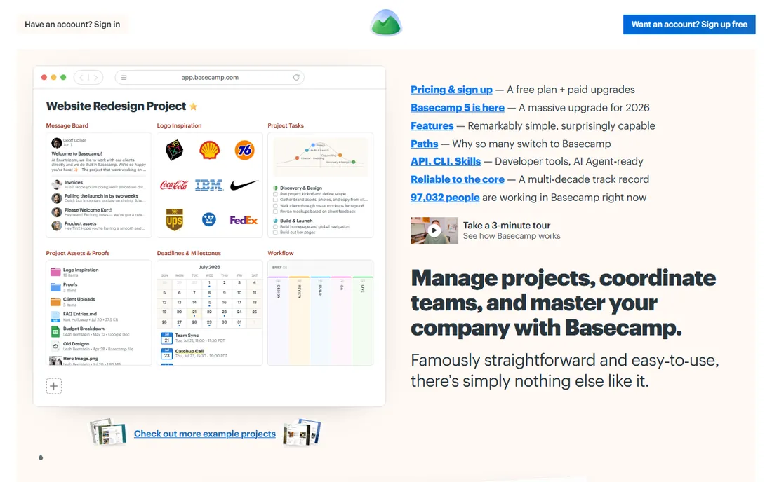 Basecamp homepage