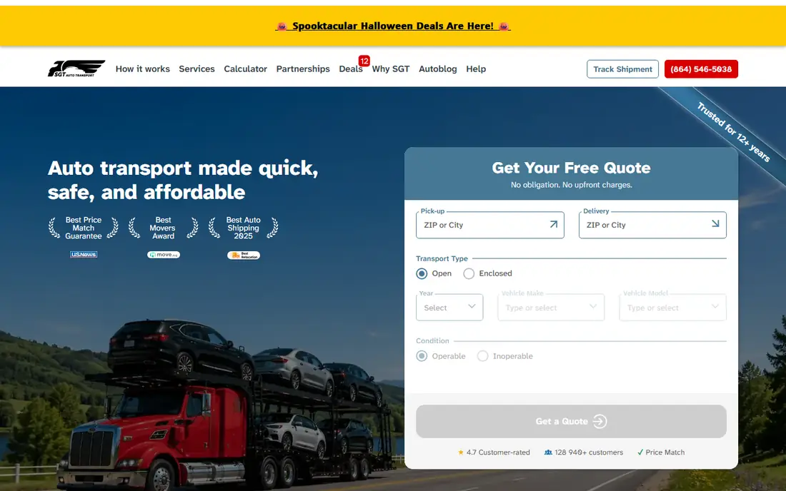 SGT Auto Transport homepage