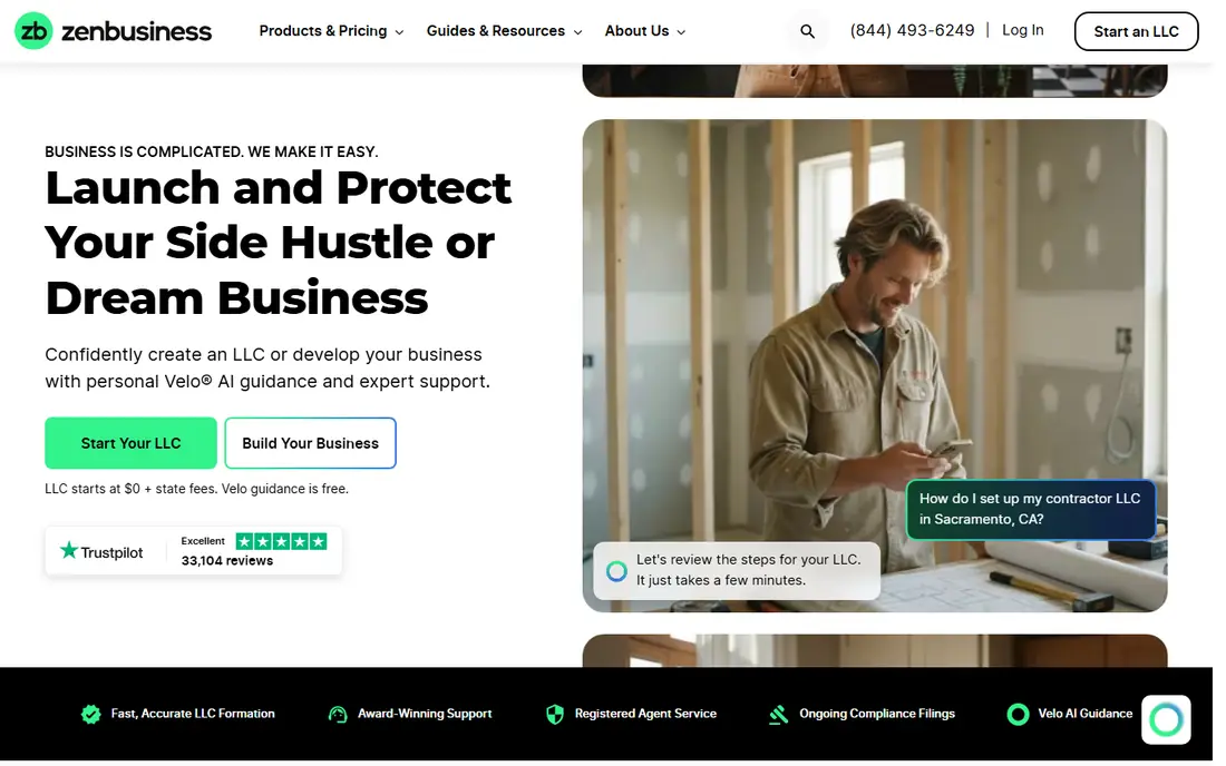 ZenBusiness homepage