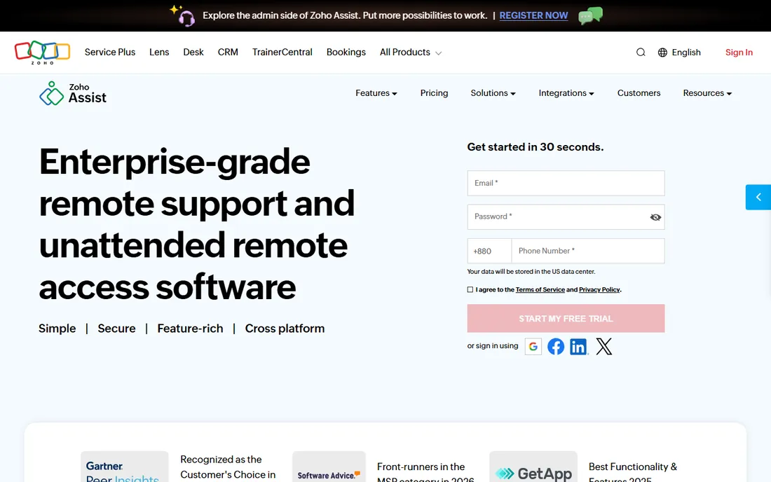 Zoho Assist homepage