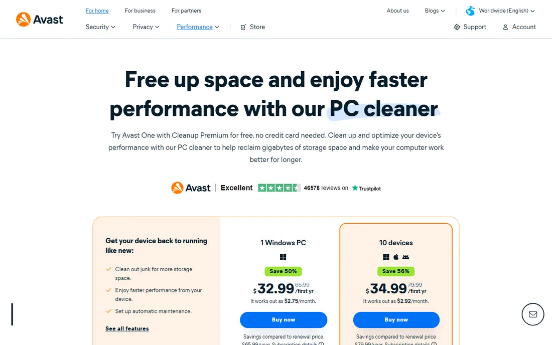 Avast Cleanup homepage