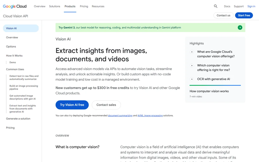 Google Cloud Vision homepage