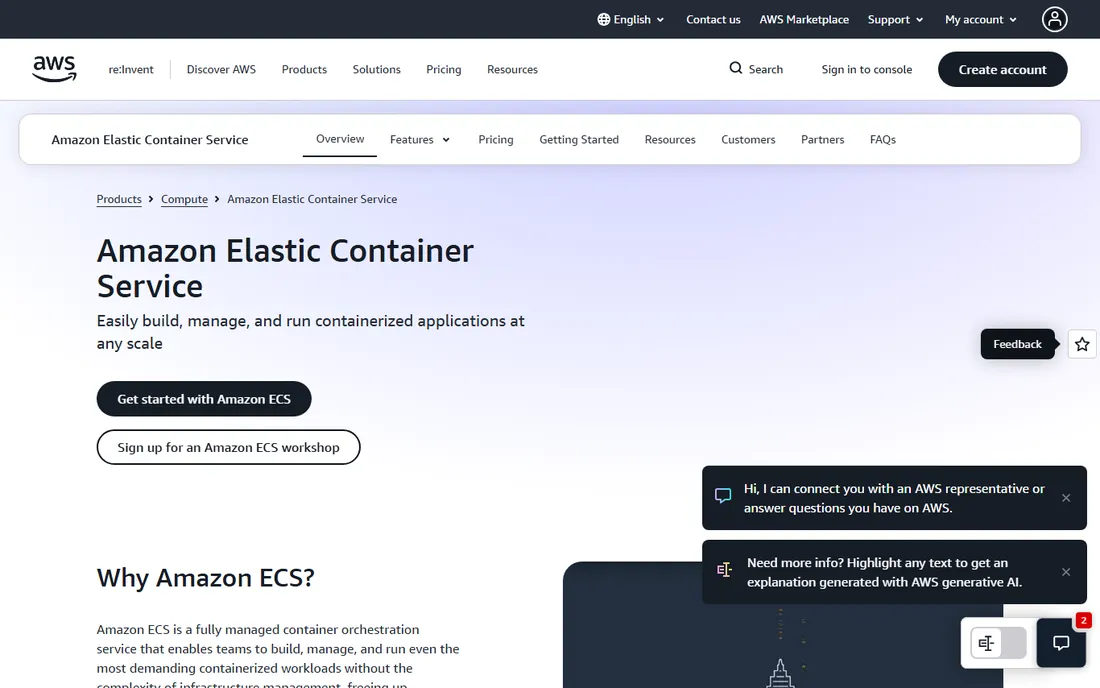 Amazon ECS homepage