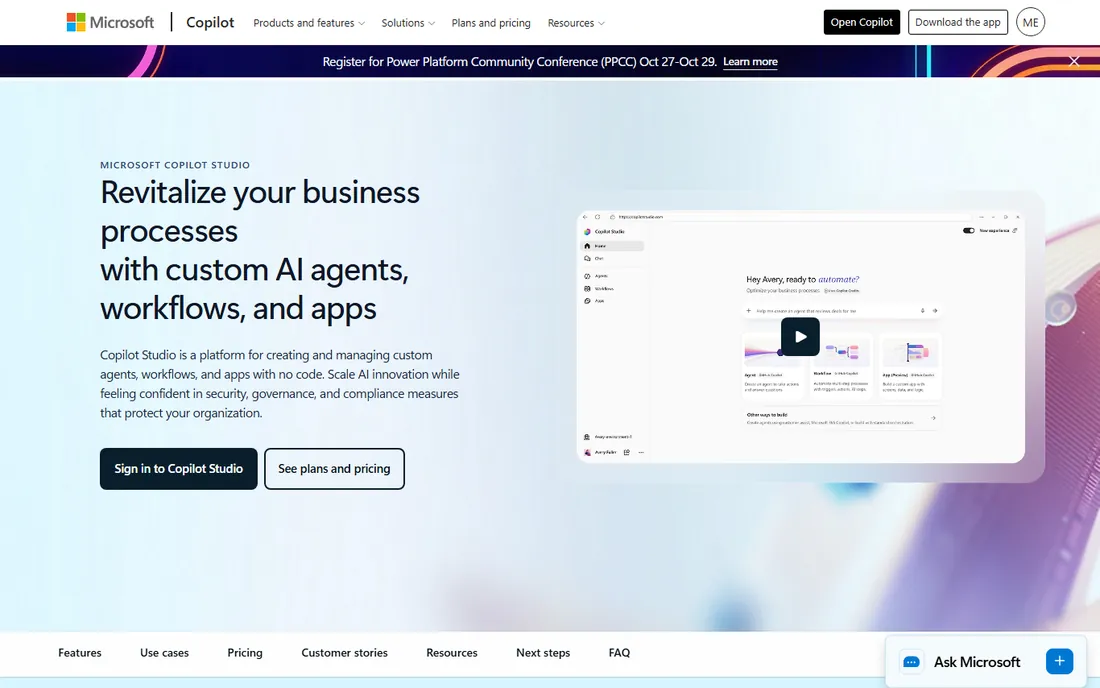 Microsoft Copilot Studio homepage