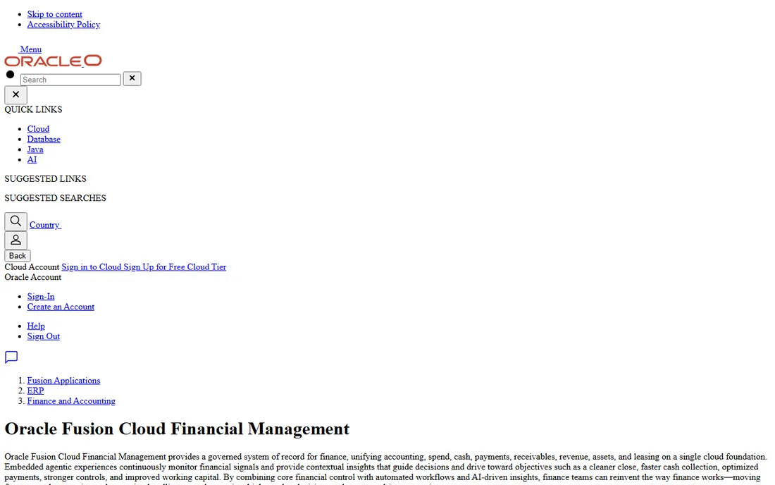 Oracle Fusion Cloud ERP homepage