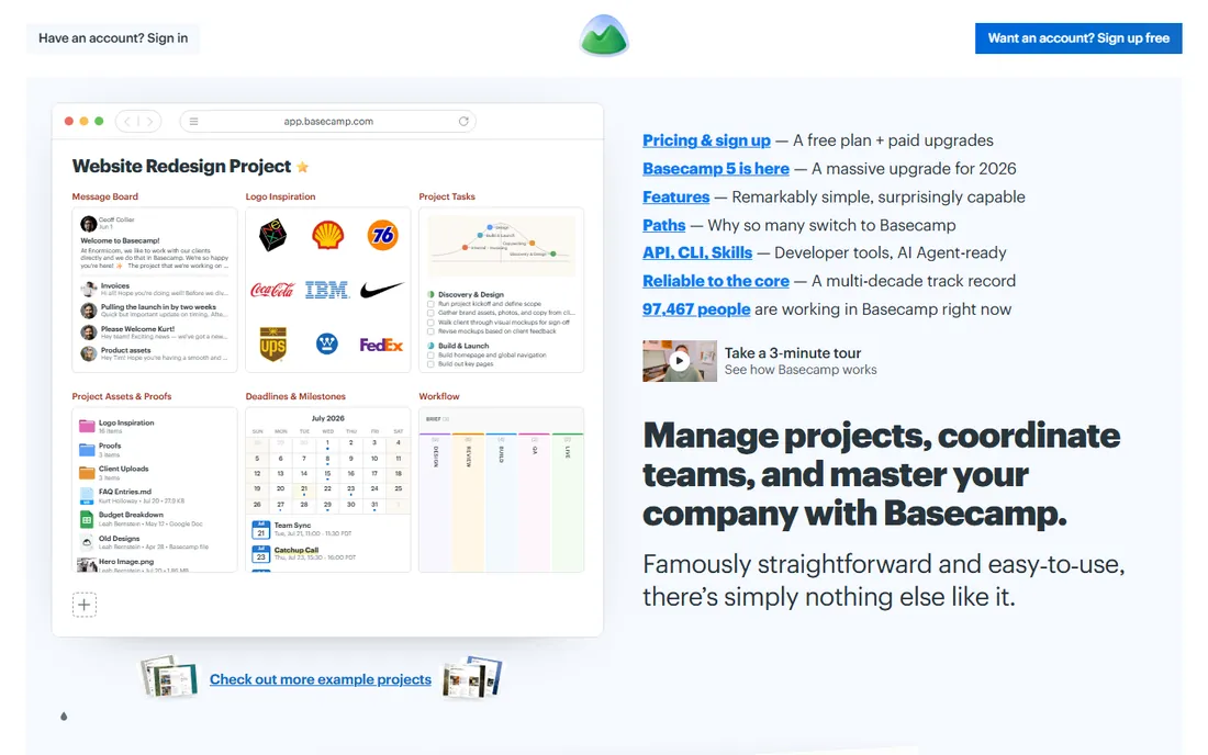 Basecamp homepage