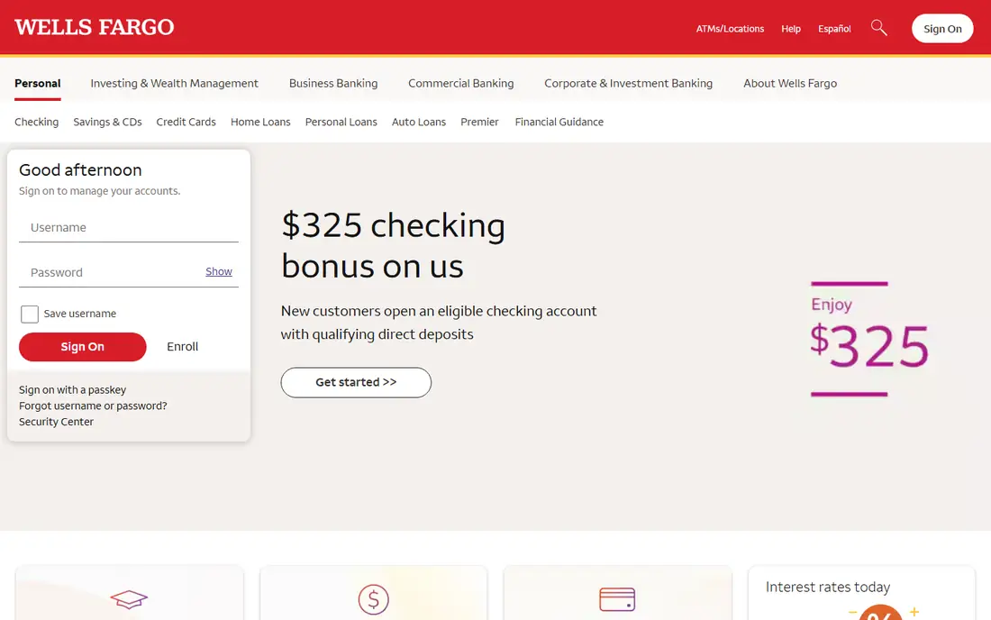 Wells Fargo homepage
