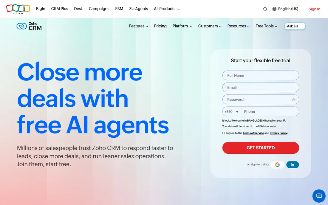 Zoho CRM homepage