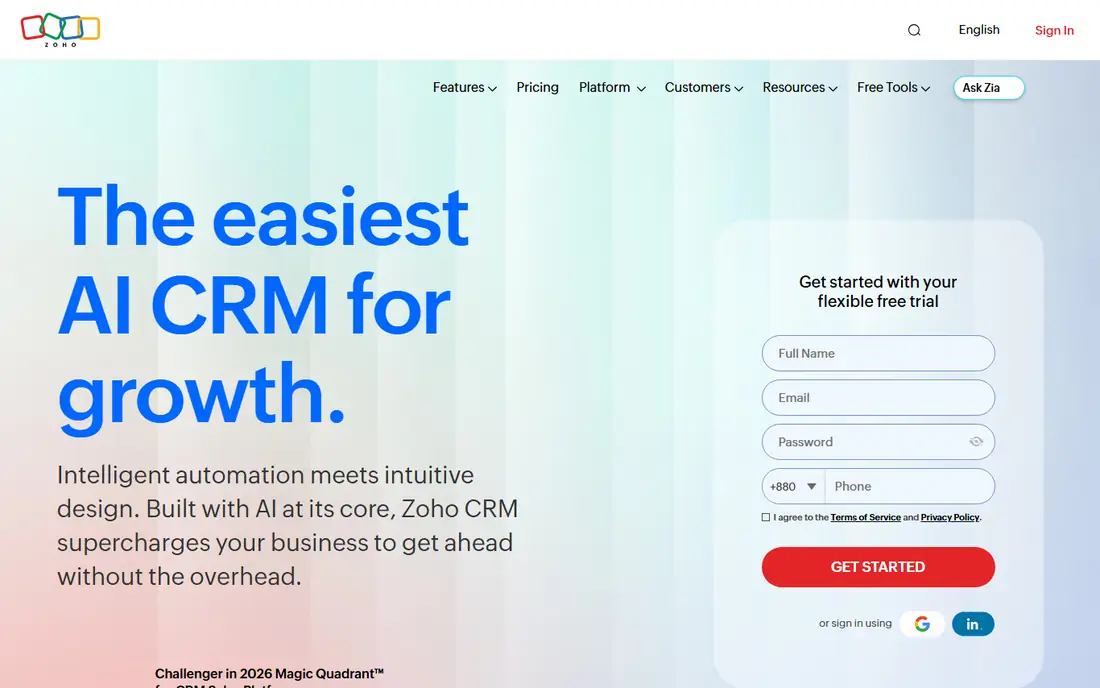 Zoho CRM homepage