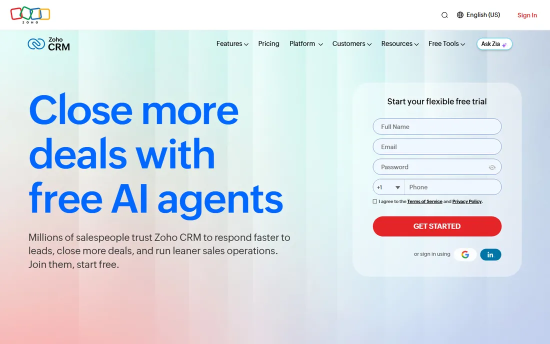 Zoho CRM homepage